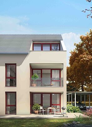 Haus mit roten Kunststofffenstern Haus mit roten Kunststofffenstern